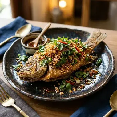 Freshwater fried fish at Samprasob Resort